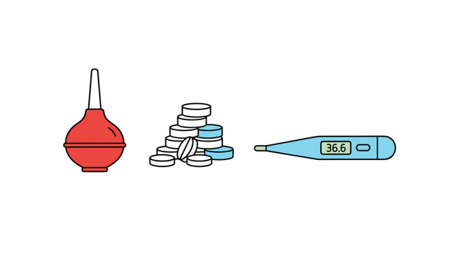 Selection of common medical supplies including a red enema bulb, a stack of tablets, and a blue digital thermometer.