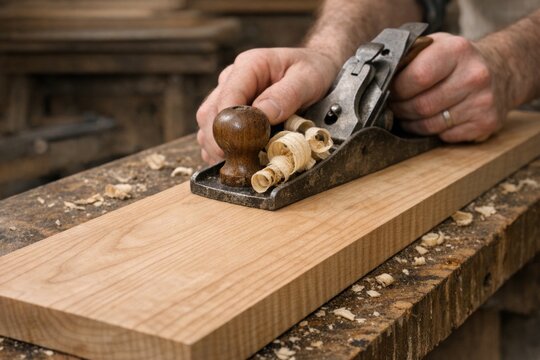 A person using a handheld plane to plane a piece of wood