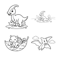 Pterodactyl And Parasaurolophus Line Art Illustrations On White Background © MDJION