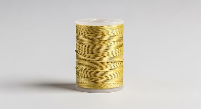 A spool of golden thread sits on a neutral surface with soft lighting.