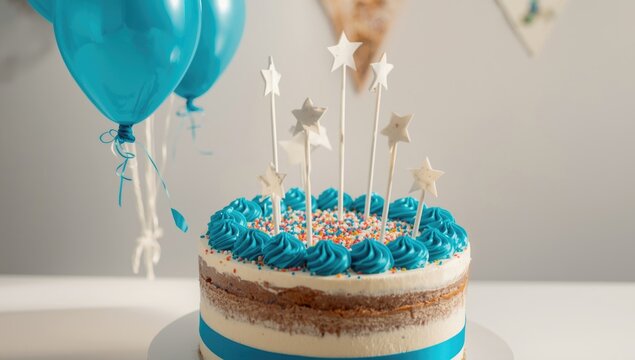 Kids party cake featuring blue balloons white stars and festive icing