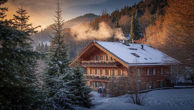 Mountain Chalet in Snowy Landscape at Sunrise with Steam from Chimney