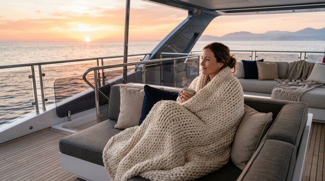 Woman wrapped in blanket enjoying coffee on a yacht deck at sunset