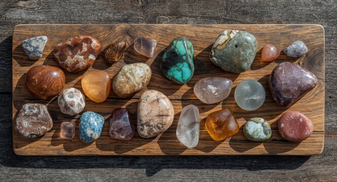 Beautiful Assorted Gemstones Arranged on a Wooden Platter in Natural Light