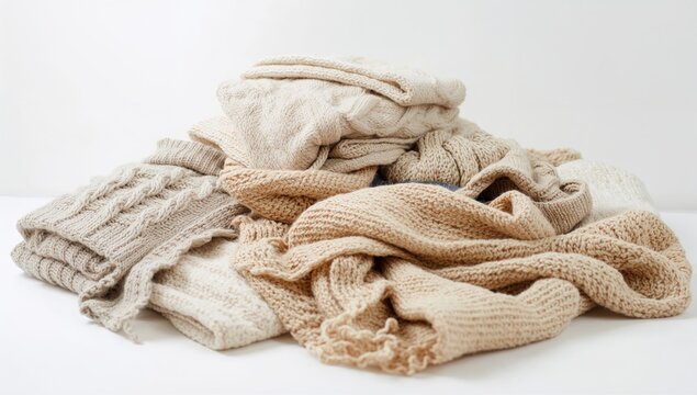 Cozy Knit Blankets Stacked on Table - Neutral Tones, Soft Textures, Minimal Background