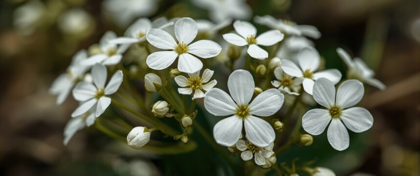 Delicate White Wildflowers Blooms Closeup on Green Background