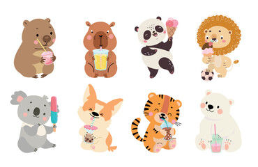 Fototapeta premium Animals drinking cold drinks. Cute dog, tiger, capybara drink bubble tea. Funny animal eating ice cream. Characters with food and beverage, nowaday vector set