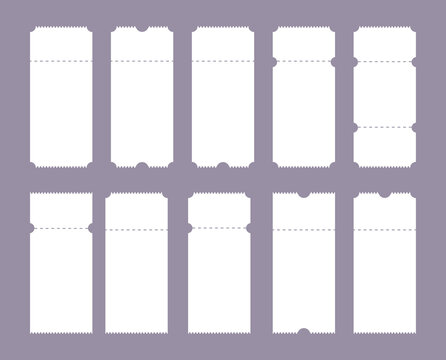 Blank ticket mockups set. Event ticket template sign. coupon stub symbol. Movie pass, voucher, and admission ticket vector collection