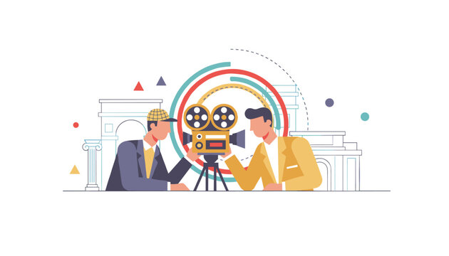Behind the scenes of a movie set with director and cameraman adjusting a vintage film camera with abstract geometric arches behind.