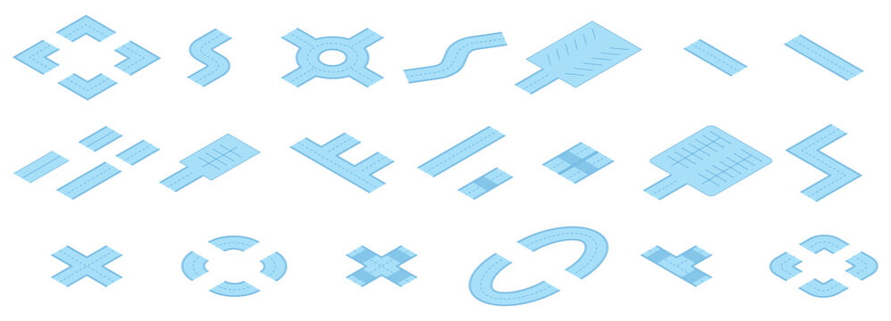 Isometric highway elements. Different parkings for cars and trucks. Crossroad, circle traffic, road parts with different markings. Routes nifty vector set