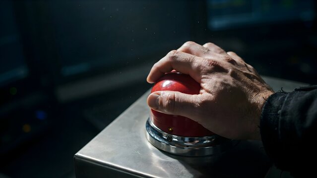 Person Pressing Red Emergency Button on Silver Surface in Dark Environment
