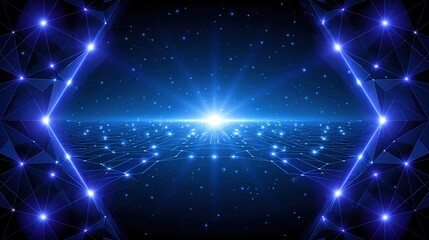 Fototapeta premium Abstract digital network grid with glowing light and stars on a dark blue background