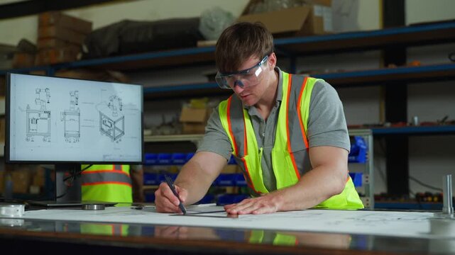 Technical inspection at workplace&mdash;measurement, drawing review, structural details, maintenance plan, project information on screen.
