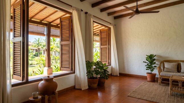 Sunlit tropical living room with open wooden shutters, exposed beams, terracotta flooring and potted plants beside a quiet seating area.