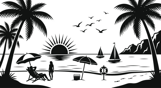Tropical beach scene with palm trees and sailboats black and white silhouette