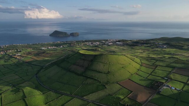 Aerial View of Terceira Island and Ilh&eacute;us das Cabras Azores Portugal