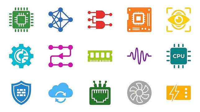 Computer Hardware Microchip and Circuit Technology Flat Vector Icons Set