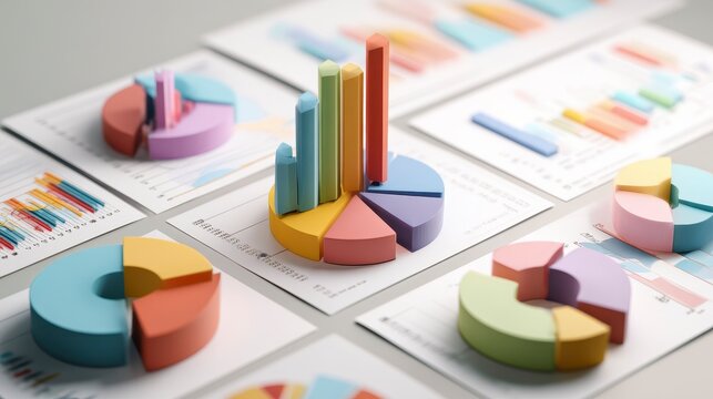 A collection of colorful charts and graphs, depicting business analytics and data visualizations on paper. Each displays different information