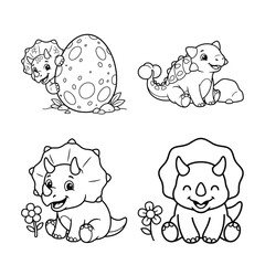 Dinosaur illustrations black and white line art on a white background © MDJION