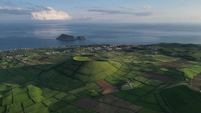 Aerial View of Terceira Island and Ilh&eacute;us das Cabras Azores Portugal