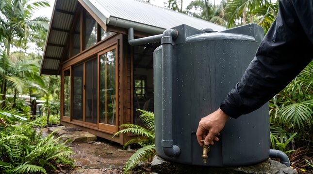 Person accessing a household rainwater tank beside a tropical home, illustrating decentralized water storage, self-sufficient living and backup supply during drought or service interruptions.