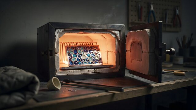 Small glass artwork being fired in a kiln, with tools and supplies in a workshop setting