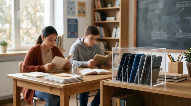 Students studying at classroom desks while smartphones are stored in a phone locker, illustrating digital detox, distraction-free learning and school phone restrictions.