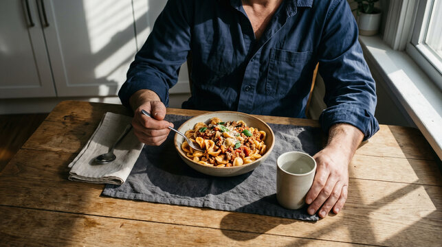 After-Night-Shift Breakfast Pasta on a Sunlit Kitchen Table