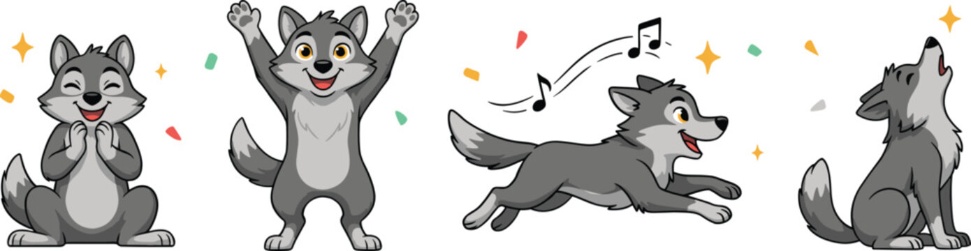 Cute Little Wolf Pup Character Vector Set Clapping, Celebrating, Running with Music Notes, and Howling for Happy Children Storybook Illustrations