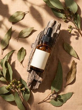 Flat Lay Amber Serum Bottle Mockup with Botanical Leaves for Natural Cosmetic Branding