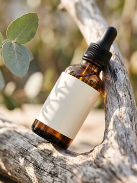 Luxury Amber Serum Bottle Mockup on Natural Driftwood with Botanical Background