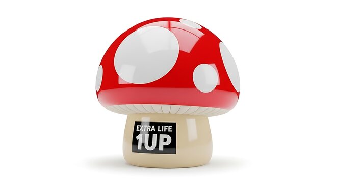 Red and white mushroom with 1up extra life text