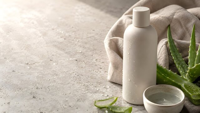 White skincare bottle beside cut aloe vera leaves, a ceramic bowl and folded linen on a softly lit neutral surface.