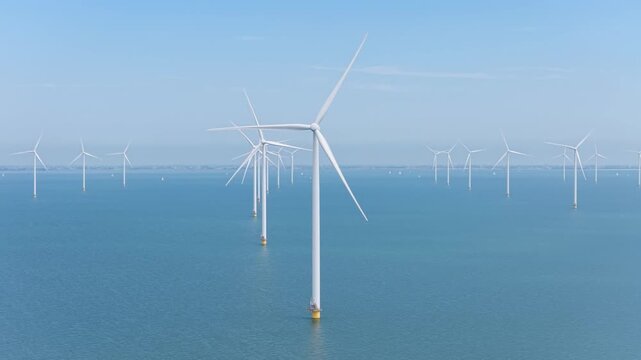 Aerial drone view of an offshore wind farm station in the sea. Modern renewable energy turbines generating clean electricity and sustainable alternative power in the ocean.