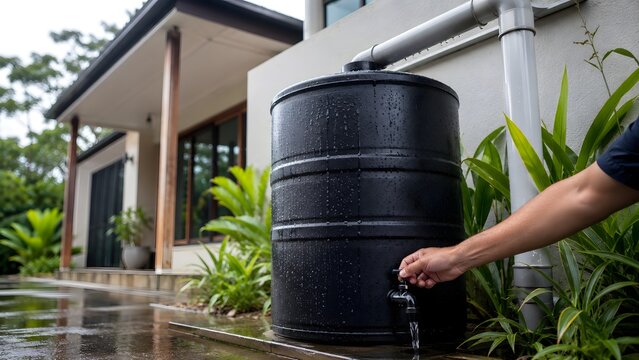 Person operating a rainwater tank connected to a home gutter after rainfall, representing stormwater reuse, household water independence and climate-resilient resource management.