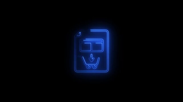 Neon e-commerce order animation: digital shopping cart and document symbol for online business and web ui