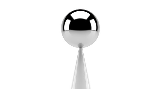 Shiny chrome sphere mounted on a reflective metallic stem against a neutral background.
