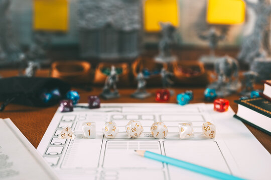 White dice place for adventure story TTRPG role playing tabletop game and board game hobby