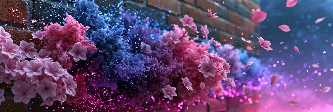 Abstract explosion of pink and blue flowers and petals against a brick wall with bokeh lights