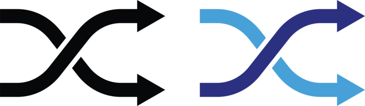 Shuffle arrow icon set. Media player random playback design. crossover arrow symbol. Mix tracks, direction swap, and order randomization sign. music and random play functions