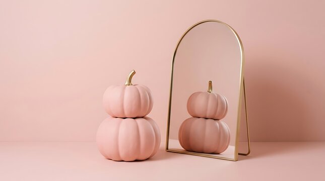 A minimalist happy halloween background featuring stacked pastel pink pumpkins and a decorative arched mirror for seasonal celebration