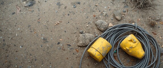 Yellow Buoys and Coiled Rope on Sandy Beach with Pebbles © NeuralNiche