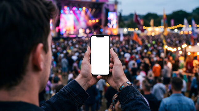 Hand holding mobile phone with blank white screen at evening music festival, fan capturing live stage show experience amidst crowded outdoor party event atmosphere.
