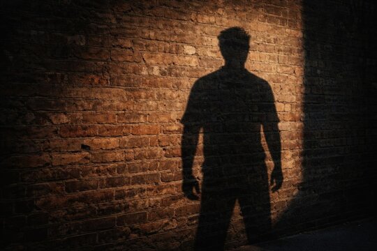 Shadow of a Person Against a Rustic Brick Wall in Dim Light