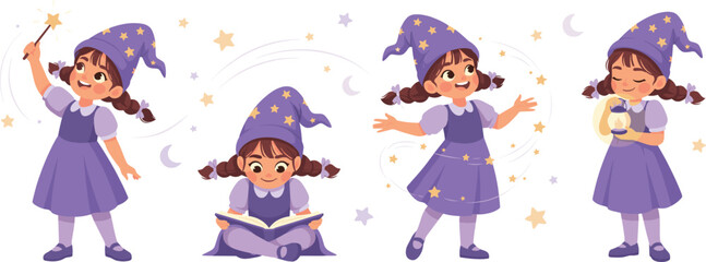 Cute Little Wizard Girl Character Vector Set Holding Magic Wand, Reading Spell Book, Dancing, and Carrying Lantern for Fantasy Children Storybook Illustrations