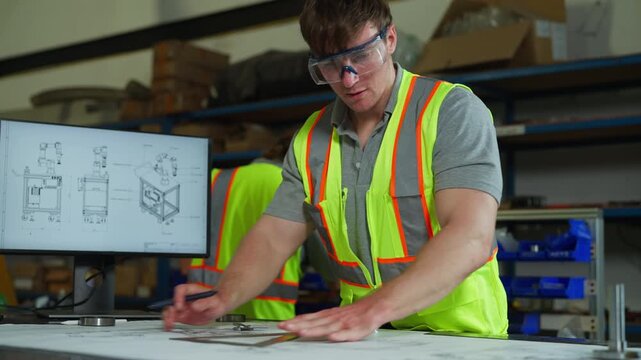Men at work review factory layout&mdash;infrastructure, maintenance planning, safety goggles, technology and information, structural check.
