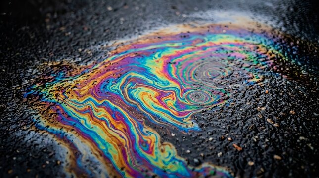 Vibrant rainbow oil slick on dark asphalt, abstract iridescent patterns, pollution detail
