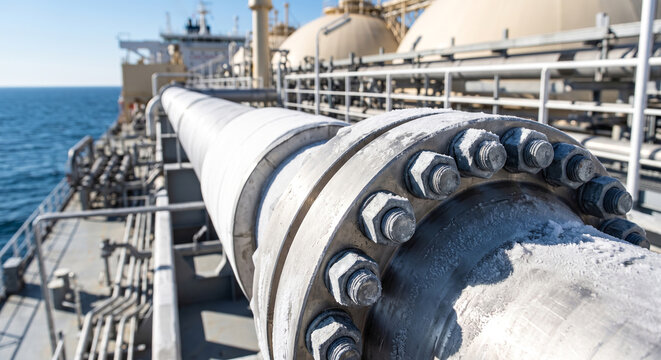 Icy gas pipeline on offshore tanker deck with frozen flange bolts over blue sea.