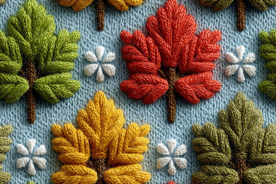 Seamless Embroidered Maple Leaf Pattern in Red Yellow and Green on Blue Knitted Textile for Autumn Fabric Wallpaper
