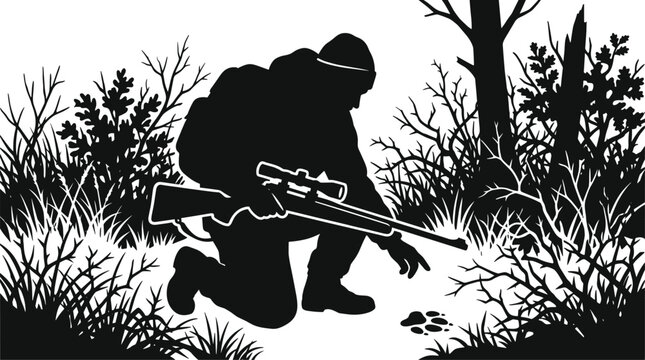 Black silhouette of a hunter with a scoped rifle tracking animal footprints in the forest wilderness